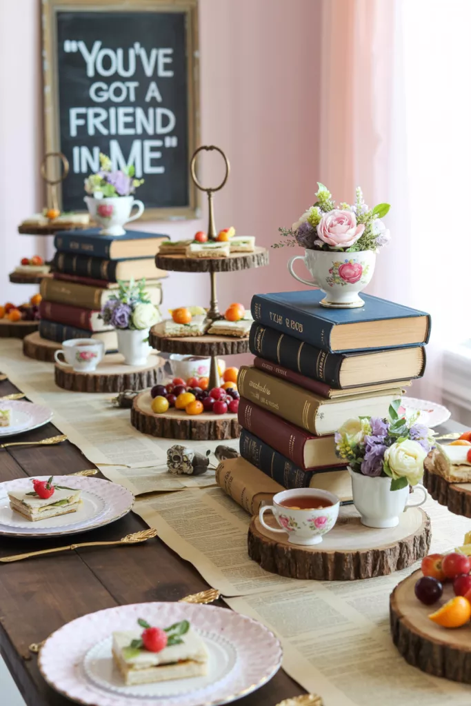 Elegant storybook baby shower dessert table decorated with stacked vintage books, floral teacups, tiered trays of fruit and tea sandwiches, and a chalkboard sign reading “You’ve Got a Friend in Me.”
