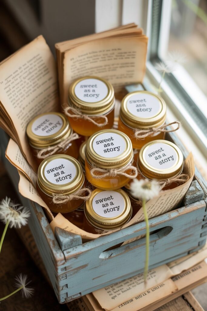 Mini glass jars filled with honey and labeled “Sweet as a Story,” tied with twine and displayed in a rustic blue crate lined with vintage book pages—storybook baby shower favor display.