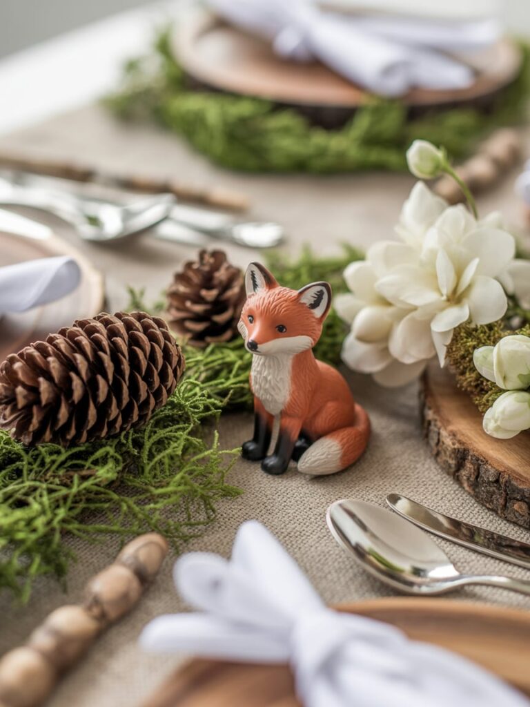 Close-up of woodland baby shower decor featuring moss, pinecones, and a small fox figurine.
