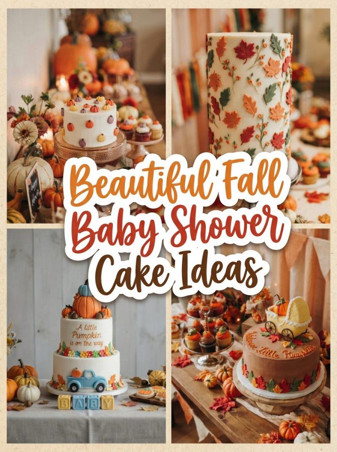 fall baby shower cake collage - large sticker style text overlay "Beautiful Fall Baby Shower Cake Ideas" 
