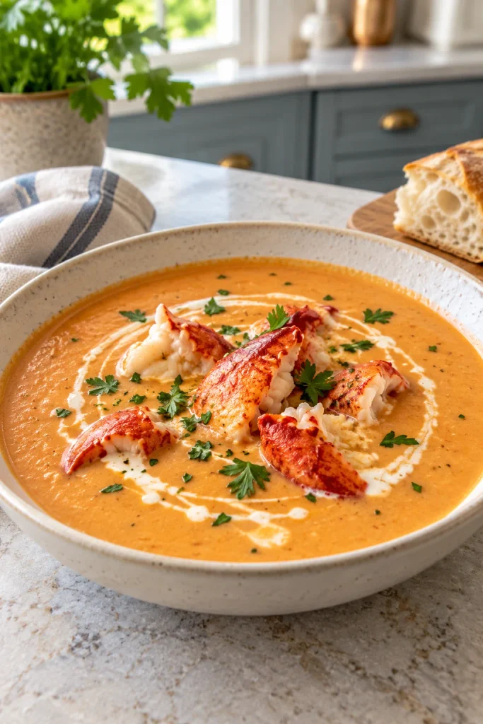 Creamy lobster bisque topped with lobster meat and parsley in a shallow bowl
