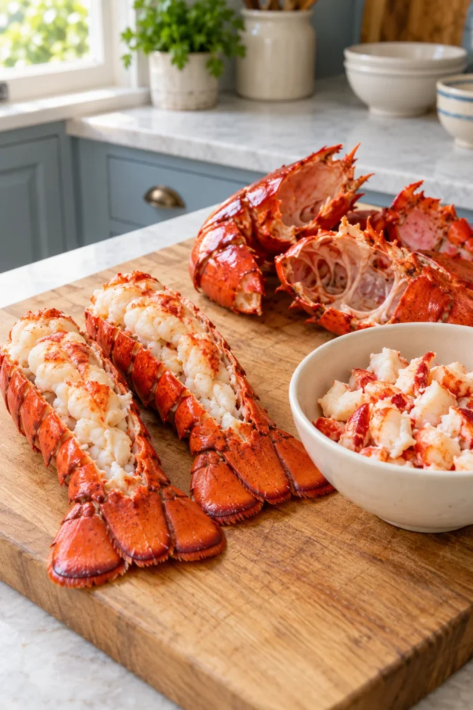 Cooked lobster tail meat removed from the shells and chopped for bisque