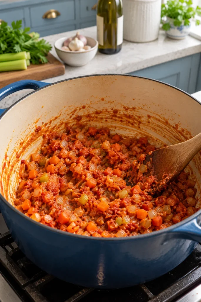 Sautéed vegetables and tomato paste thickening in a pot for lobster bisque