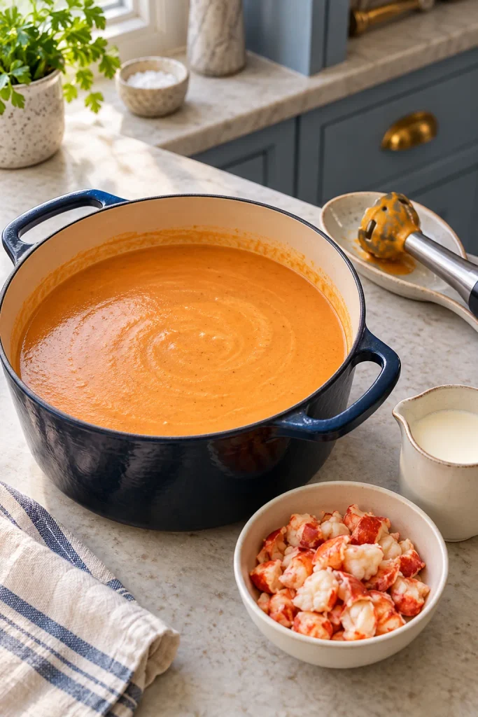 Smooth blended lobster bisque with cream and chopped lobster ready to add