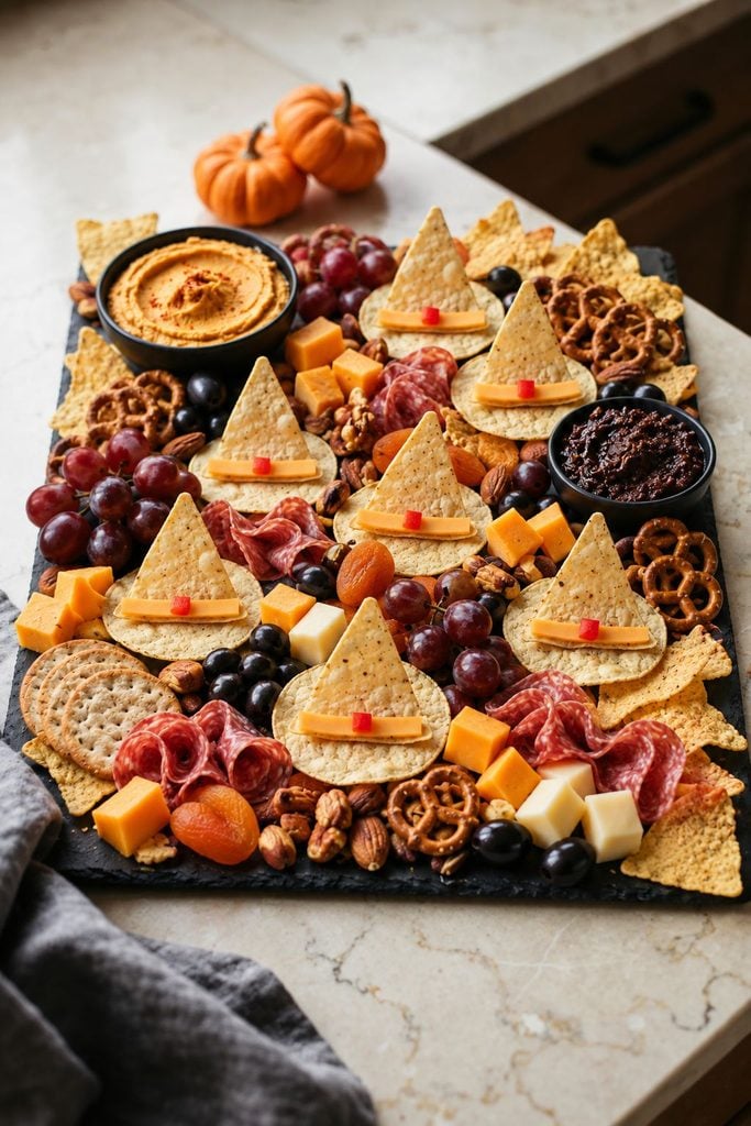 Halloween witch hat tortilla chip stacks dusted with black sesame seeds beside a bowl of pumpkin hummus, easy spooky party snack board