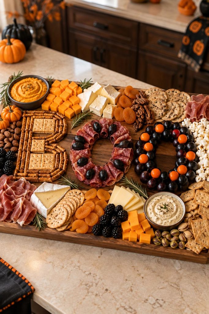 Budget Halloween Boo letter charcuterie board with the letters B, O and O made from pretzel sticks, salami slices, grapes and candy on a long wooden board