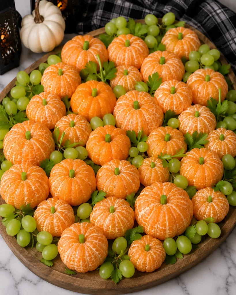 Clementines and mandarins clustered to look like a pumpkin patch with grape leaves
