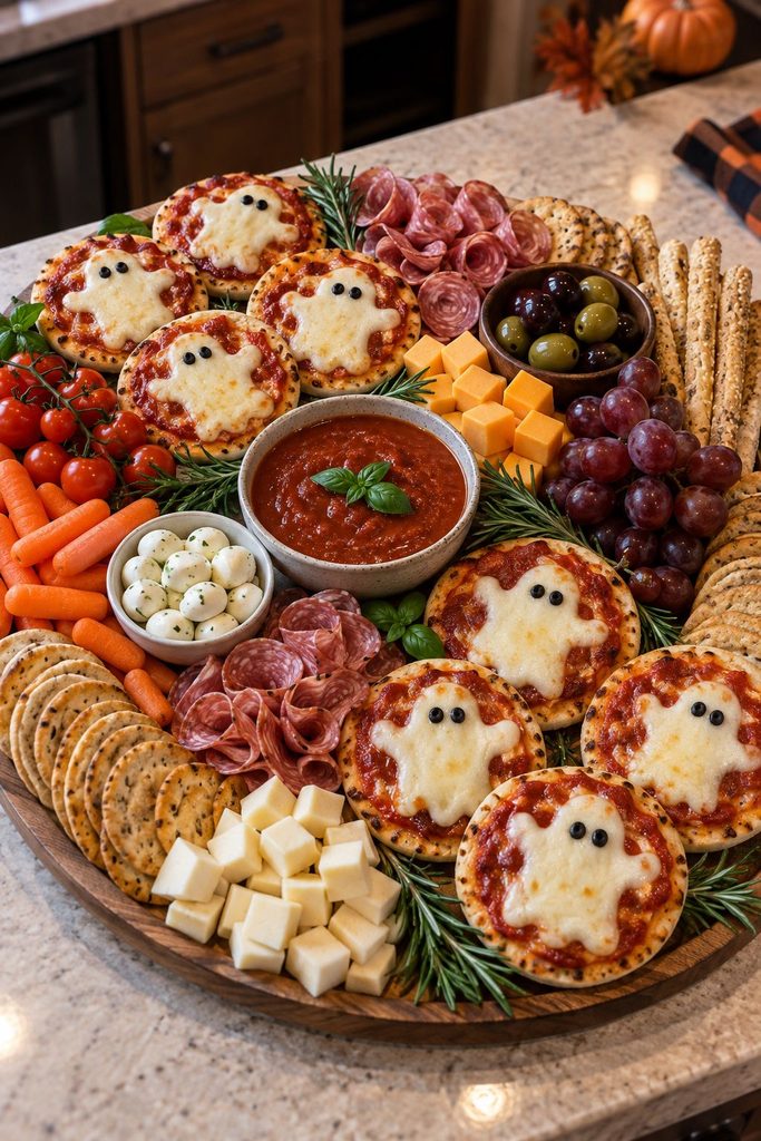 Halloween mini pizza ghosts on English muffins with mozzarella ghost cutouts and olive slice eyes, easy kids Halloween dinner idea