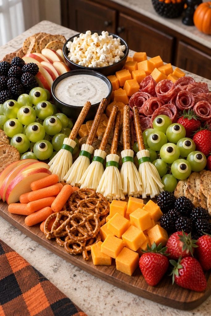 Kid-friendly Halloween snack board with pretzel and string cheese broomsticks next to green grape eyeballs