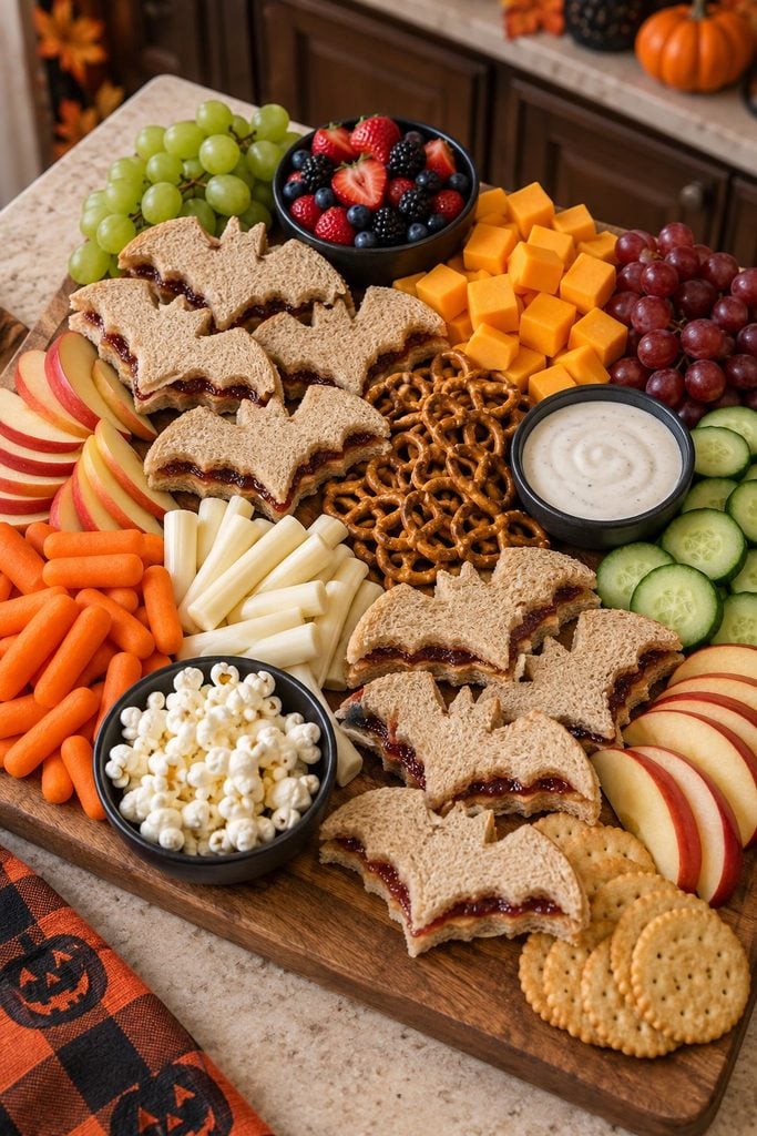 Kid-friendly Halloween board with bat-shaped PB&J sandwiches fanned out in an arc, easy classroom Halloween party food