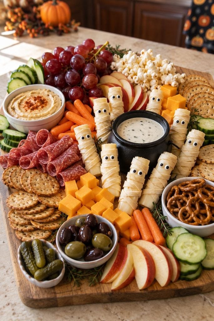 Mummy string cheese wrapped in tortilla strips with candy eyes beside a mini cauldron of ranch dip, kid-friendly Halloween snack board