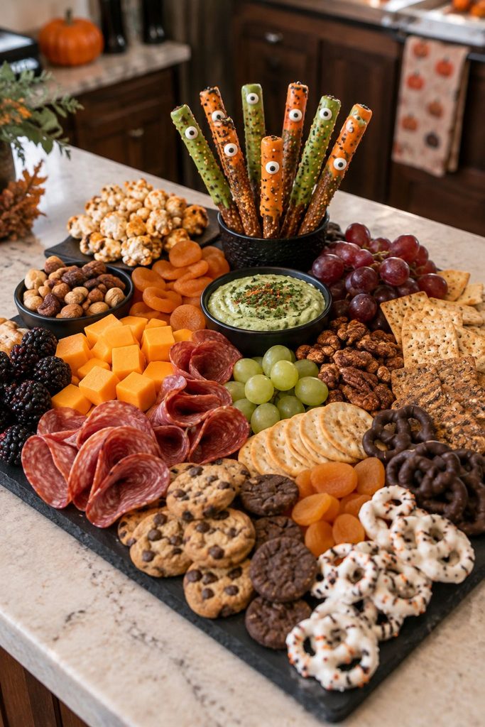 Monster pretzel rods dipped in orange and green chocolate with candy eyes standing upright in a jar, easy Halloween snack board idea