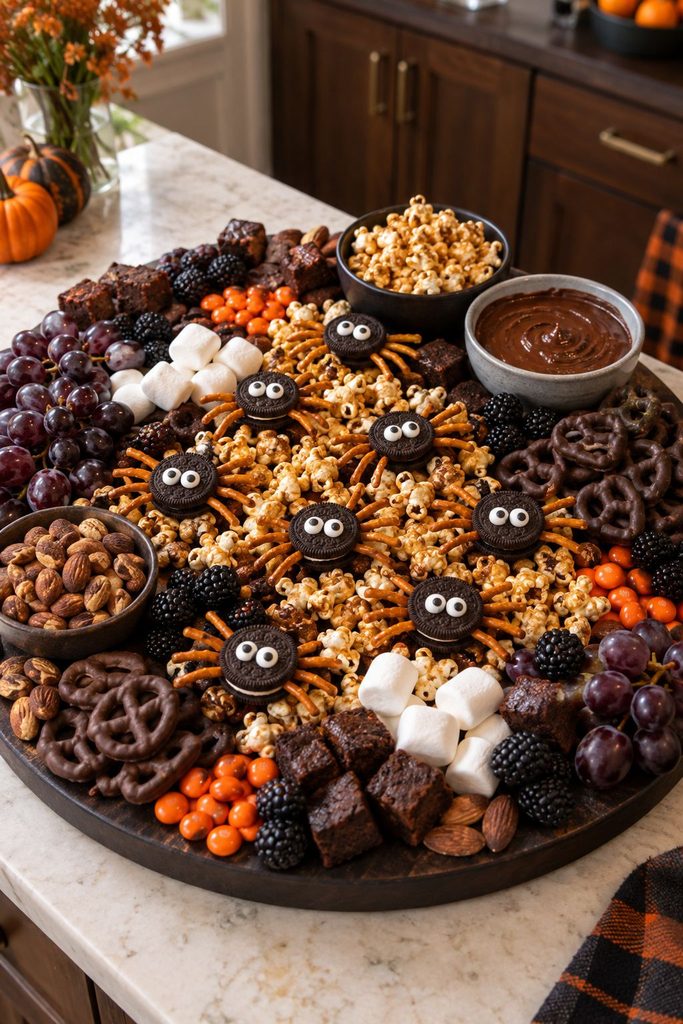 Spider Oreo cookies with pretzel legs and candy eyes crawling through caramel popcorn, no-bake Halloween sweet snack board