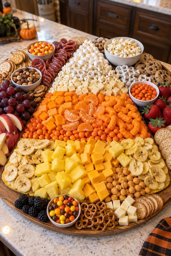 Candy corn color-block Halloween snack board with yellow, orange and white bands of candy, popcorn, marshmallows and white chocolate pretzels