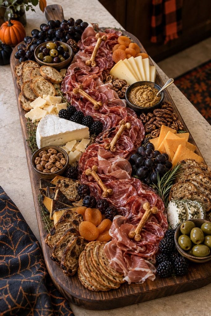 Halloween meat and cheese board with folded deli meats winding like a river and pretzel rod bones, spooky savory charcuterie idea