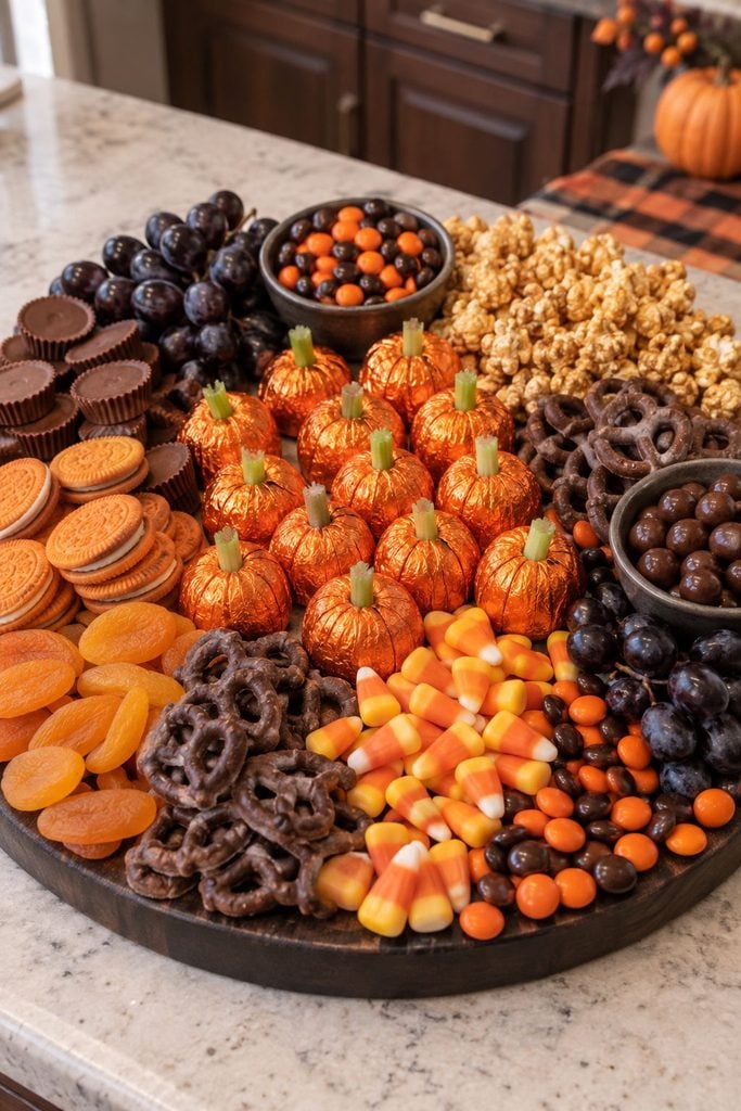 Easy Halloween candy charcuterie board with Reese's pumpkins and candy corn piled like a pumpkin patch, no-cook Halloween candy board