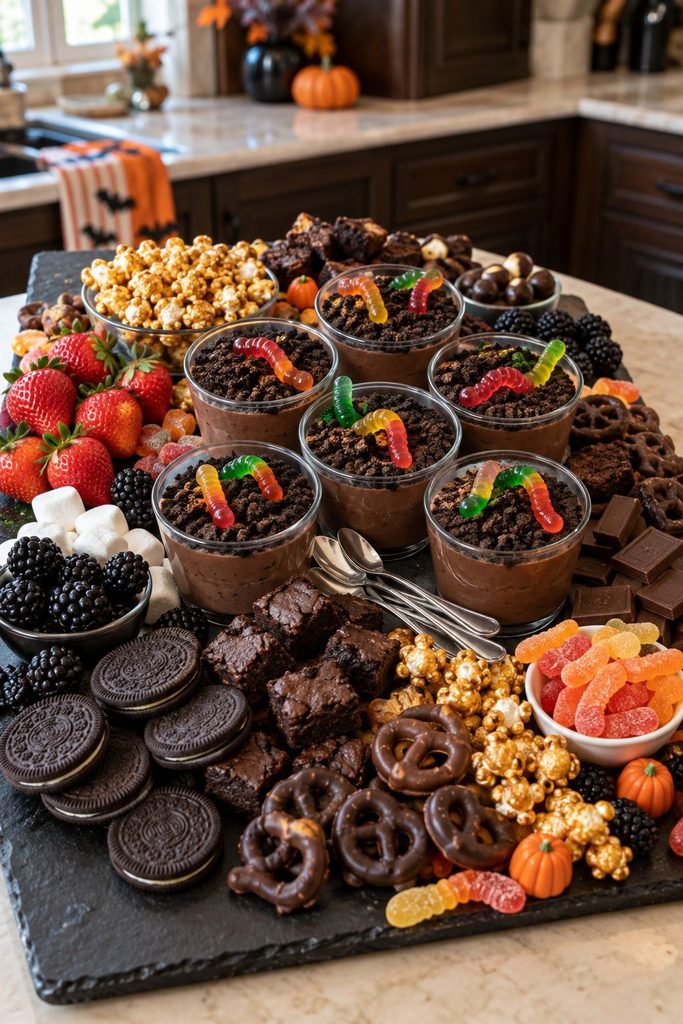 Halloween dessert board idea: gummy worm dirt cups with chocolate cookie crumbs and pudding, kid-friendly Halloween treats