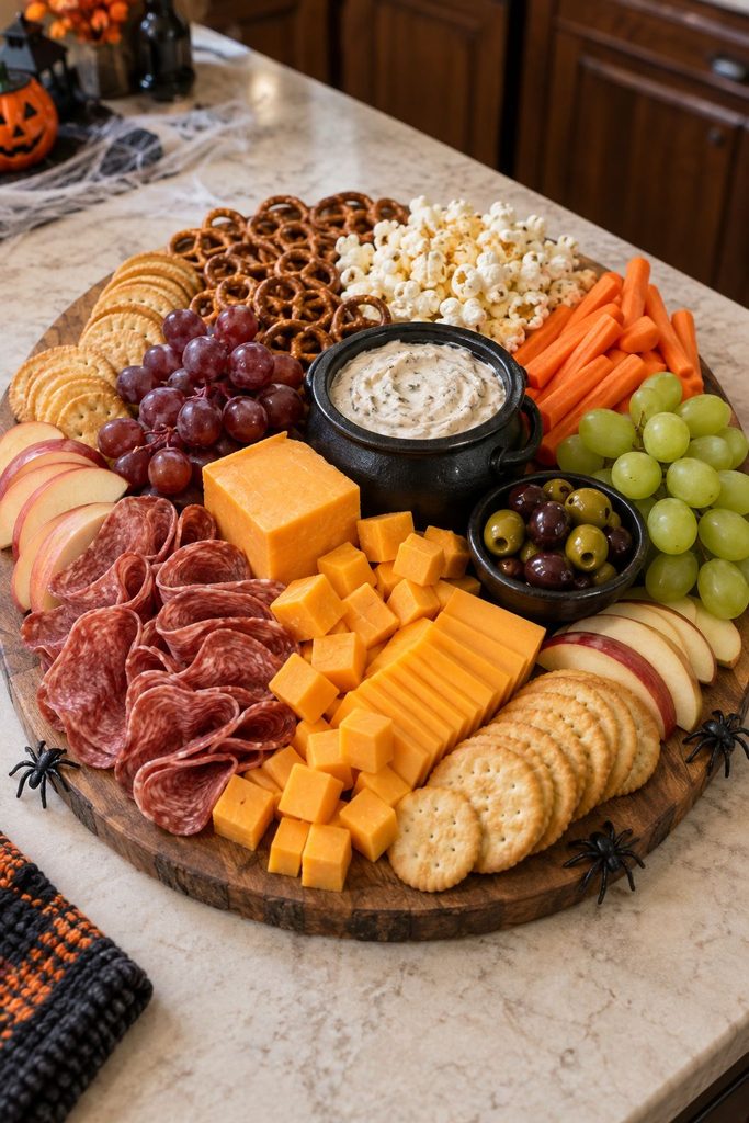 Budget Halloween charcuterie board with cheddar, crackers and grapes styled with dollar-store plastic spiders and cobwebs