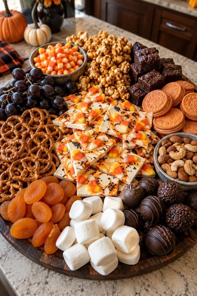 Halloween dessert charcuterie board with orange swirled white chocolate candy corn bark broken into jagged pieces on a slate board