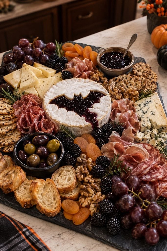 Halloween charcuterie board idea: brie wheel carved into a bat with warm blackberry jam oozing from the wings, grapes and dried apricots on a dark slate board