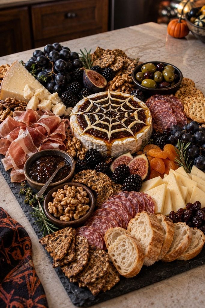 Spiderweb Halloween cheese board: soft cheese wheel with fig jam and a piped sour cream spiderweb, dark honey drizzle on a slate serving board