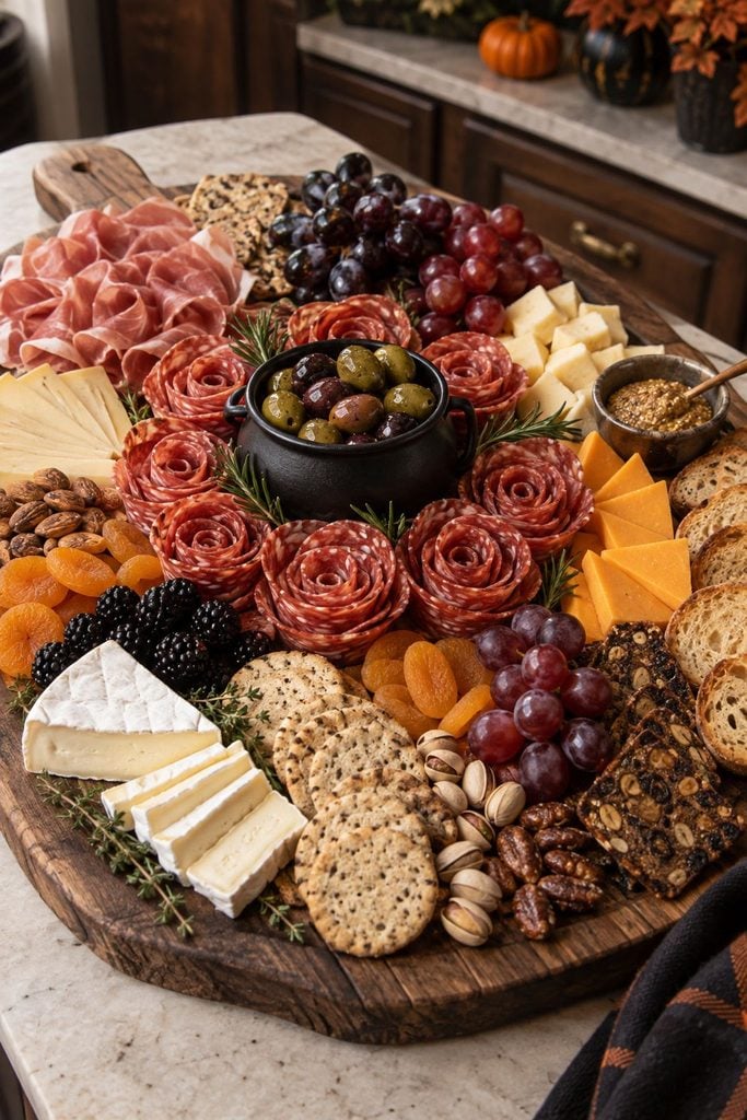 Halloween charcuterie board with salami roses clustered around a mini cauldron of marinated olives, easy savory Halloween party appetizer