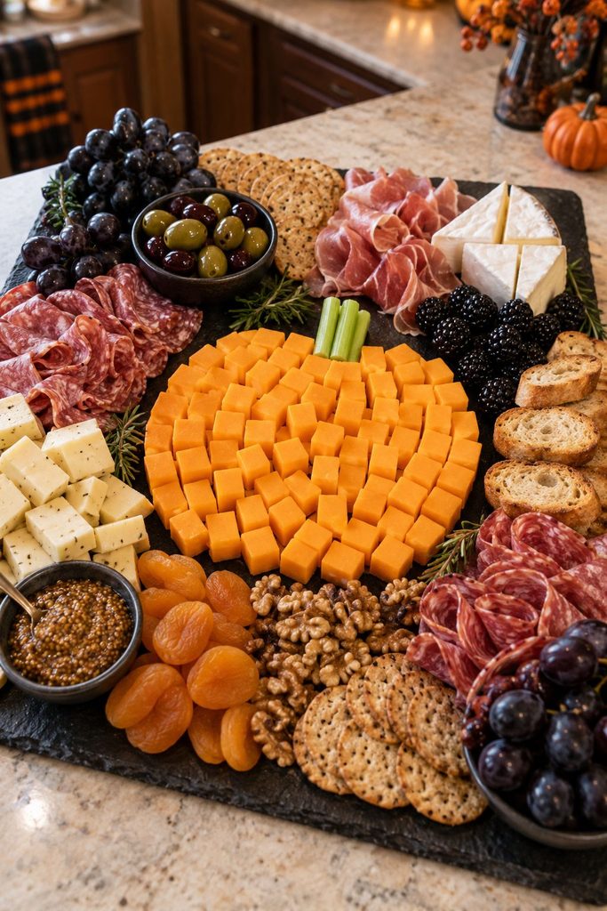 Pumpkin-shaped Halloween cheese board made of cheddar cubes with a celery stem on a slate serving board, easy Halloween cheese platter