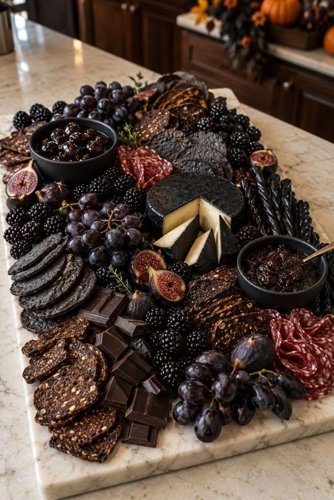 All-black monochrome Halloween charcuterie board with black olives, dark chocolate, charcoal crackers and black licorice