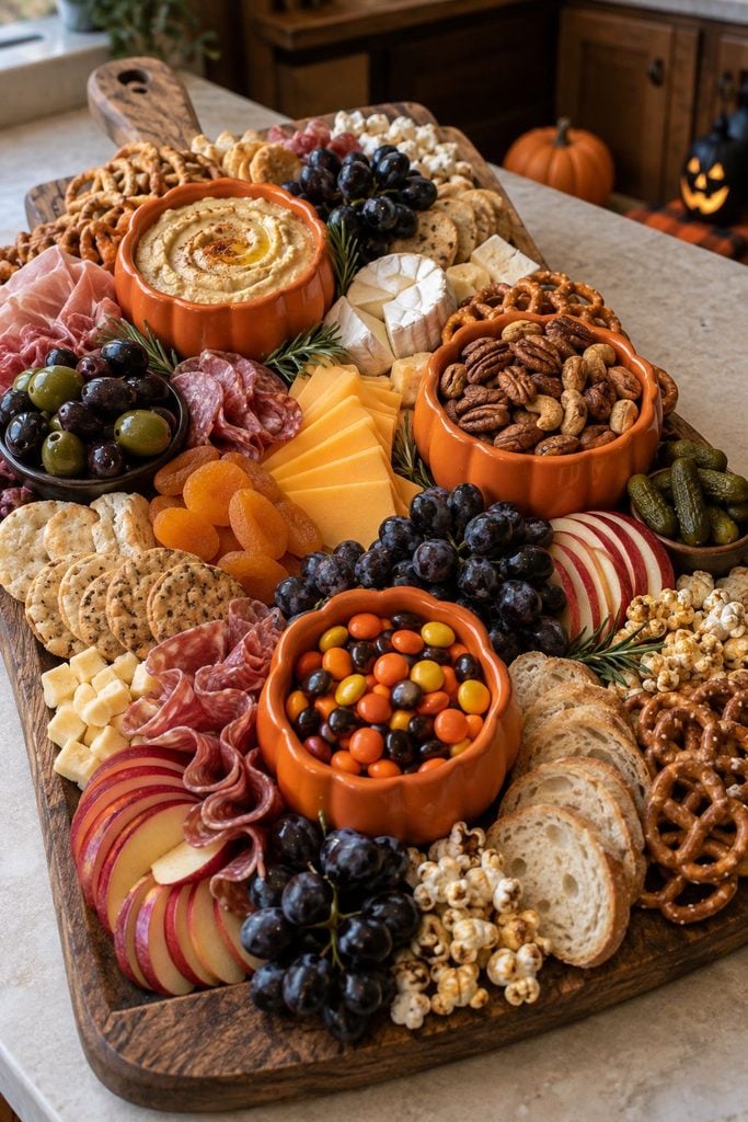 Three pumpkin-shaped ramekins filled with nuts, hummus and candy on a Halloween snack tray, easy fall charcuterie idea
