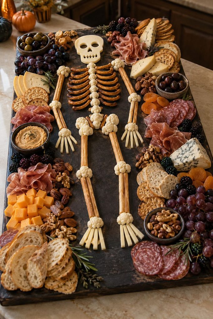 Halloween skeleton charcuterie board with pretzel stick ribs, cauliflower joints and breadstick limbs arranged in a skeleton outline