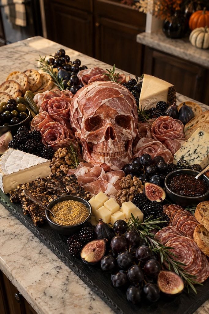 Gory Halloween charcuterie board with a skull-shaped meat centerpiece draped in prosciutto and salami on black slate
