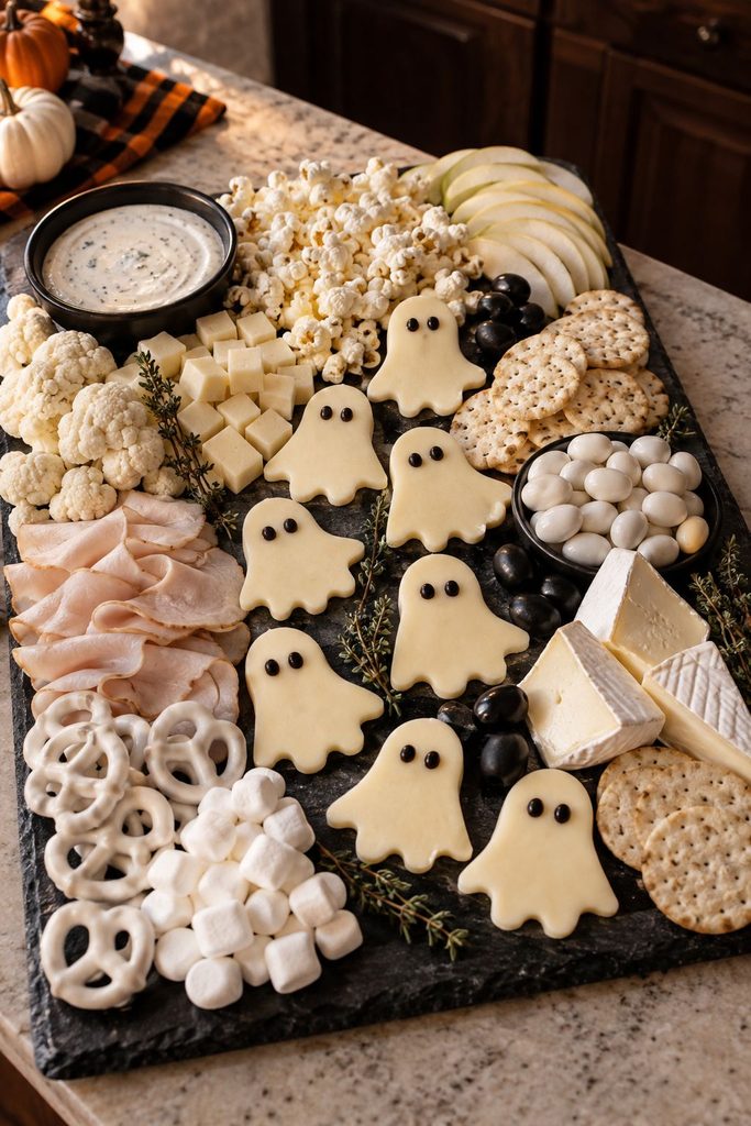 All-white Halloween ghost snack platter with mozzarella ghost cutouts, white cheddar, pretzels, marshmallows and popcorn with olive slice eyes, kid-friendly Halloween board