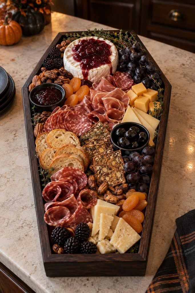 Coffin-shaped Halloween charcuterie tray with a bloody brie wheel topped with raspberry jam and dark grapes