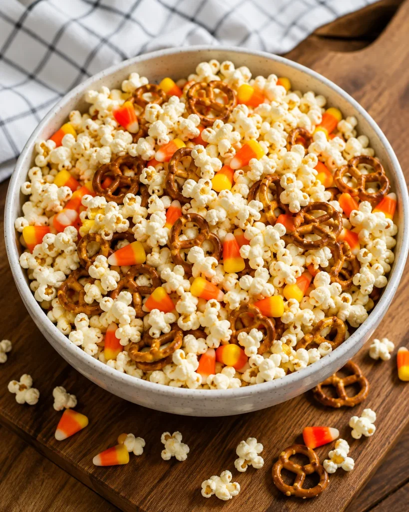 Bowl of popcorn mixed with candy corn and pretzels for a budget Halloween snack board