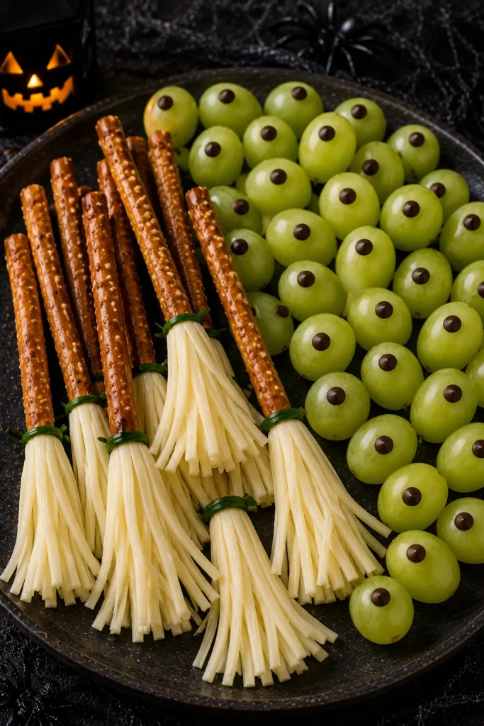 Pretzel and string cheese broomsticks next to grape eyeballs on a kid-friendly Halloween board