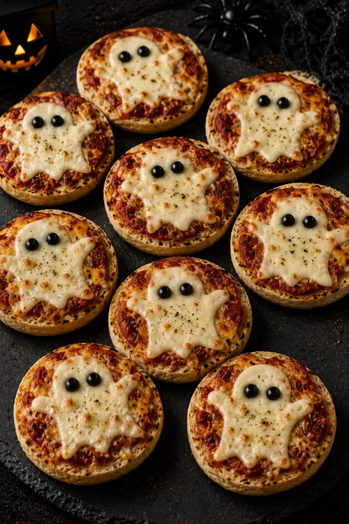 English muffin mini pizzas topped with ghost-shaped mozzarella cutouts