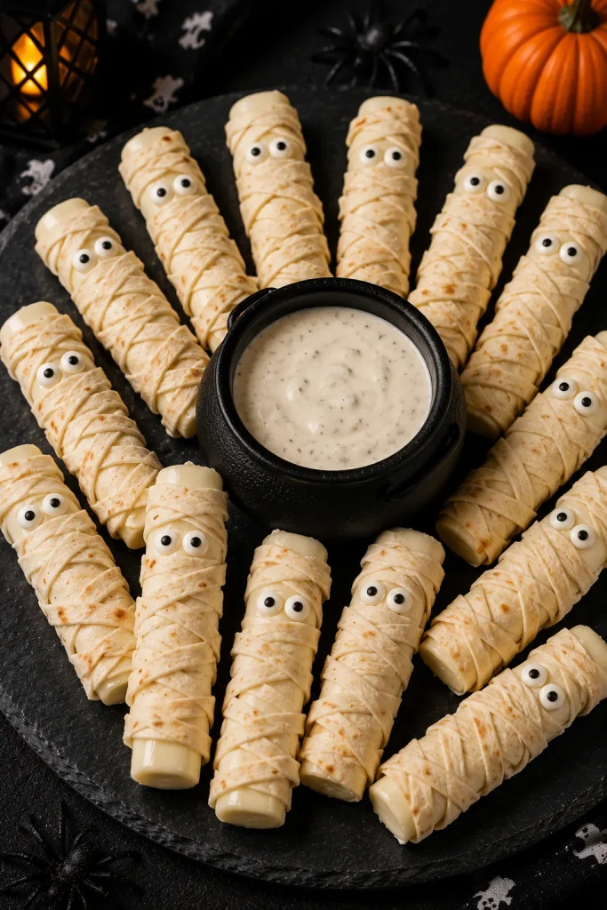 String cheese wrapped in tortilla strips to look like mummies next to a mini cauldron of ranch