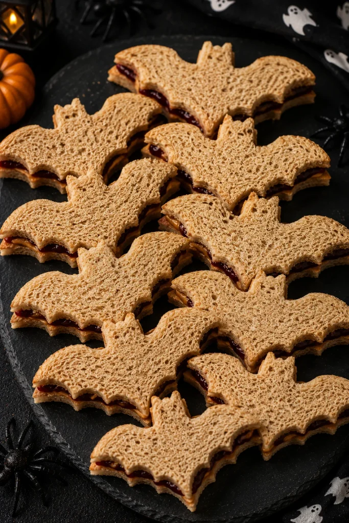 Peanut butter and jelly sandwiches cut into bat shapes for a kid-friendly Halloween board