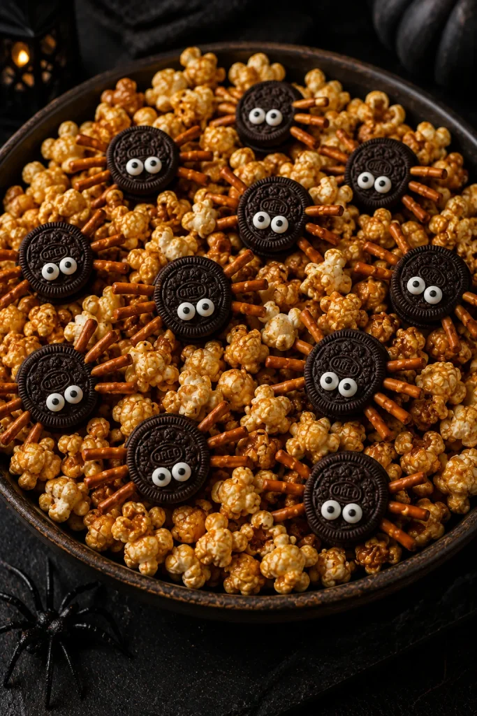 Oreo cookies made into spiders with pretzel legs mixed into caramel popcorn