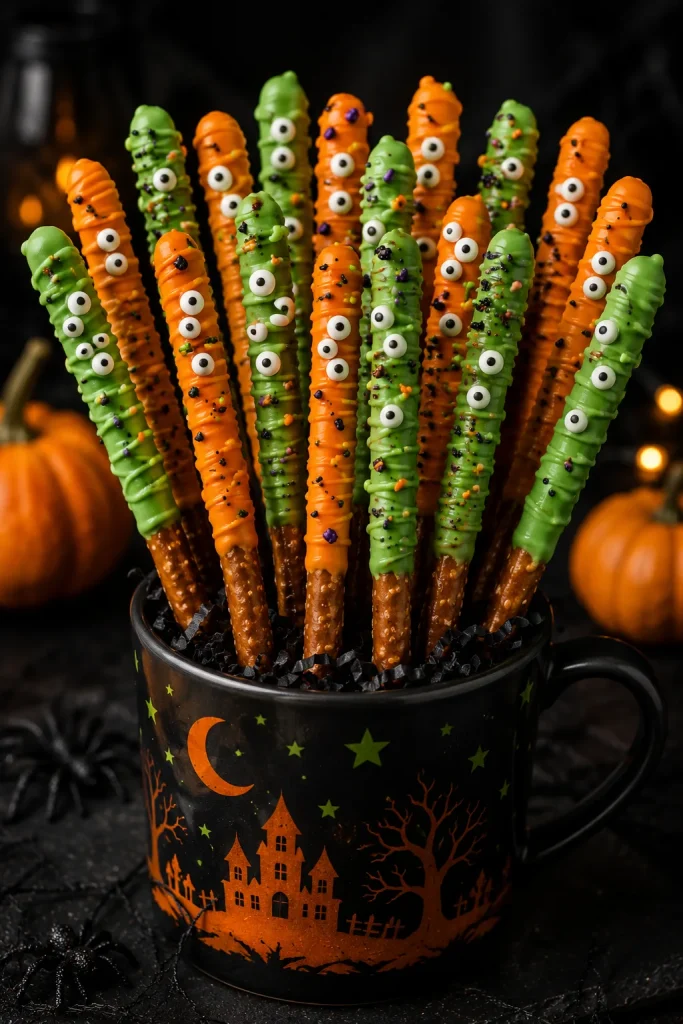 Pretzel rods dipped in orange and green chocolate with candy eyes standing upright