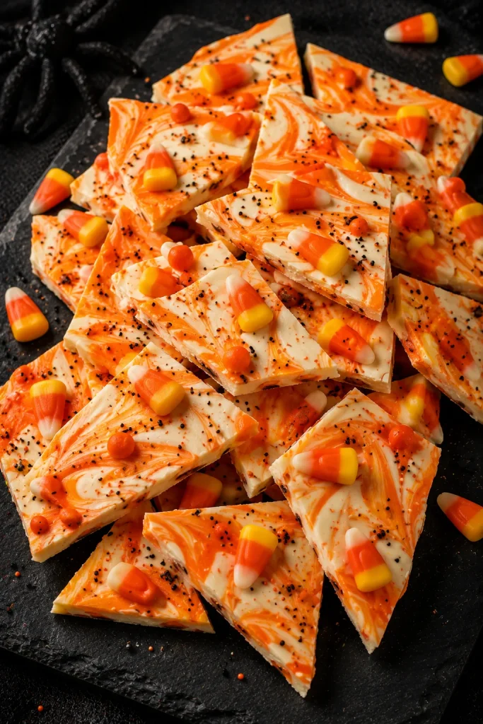Orange swirled white chocolate bark studded with candy corn on a slate board