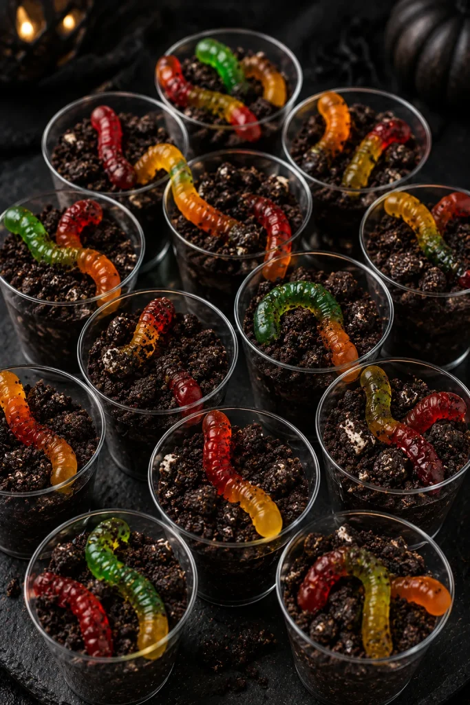 Mini dirt cups with chocolate cookie crumbs and gummy worms for a Halloween dessert board