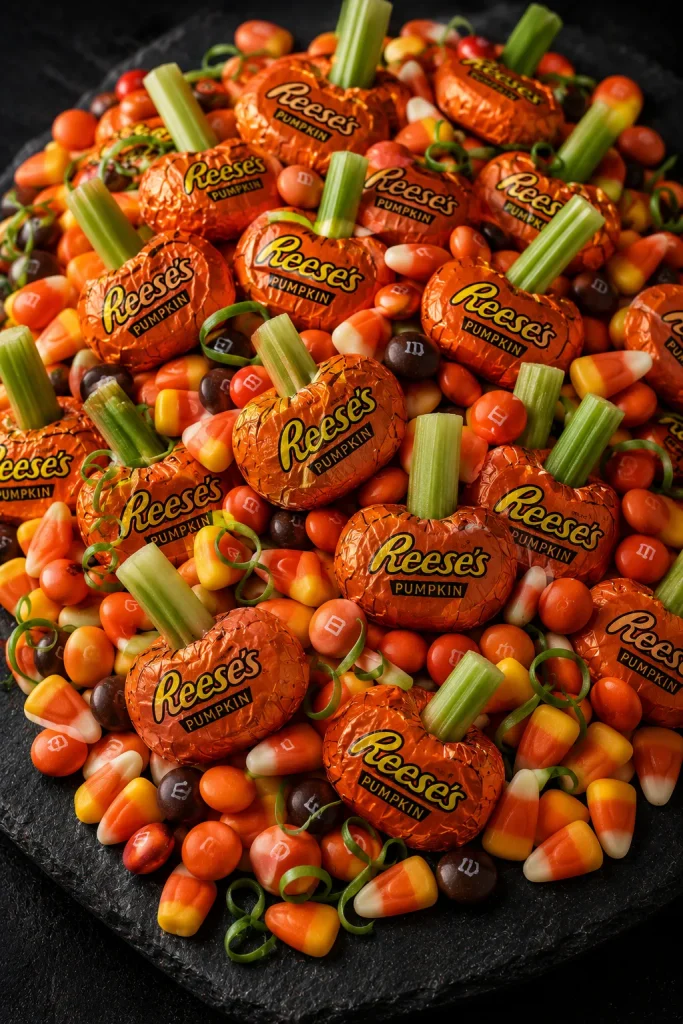 Reese's pumpkin candies and candy corn piled on a Halloween candy charcuterie board