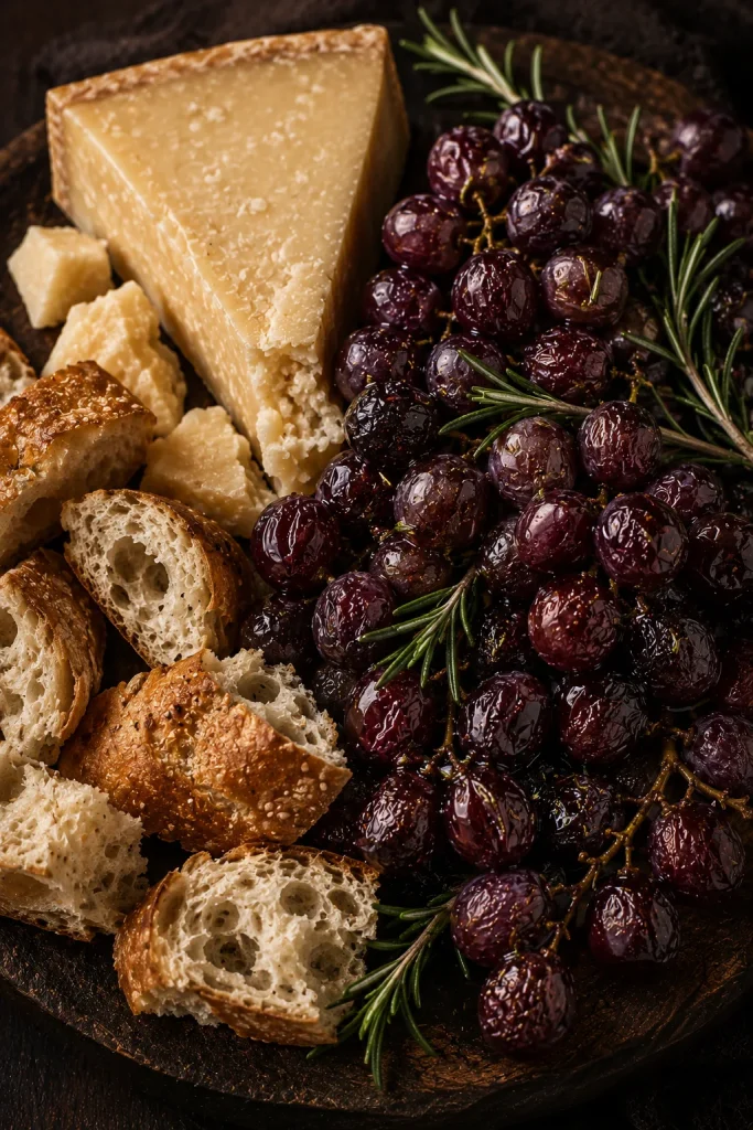 Roasted grapes on rosemary sprigs with torn baguette and aged cheese on a charcuterie board