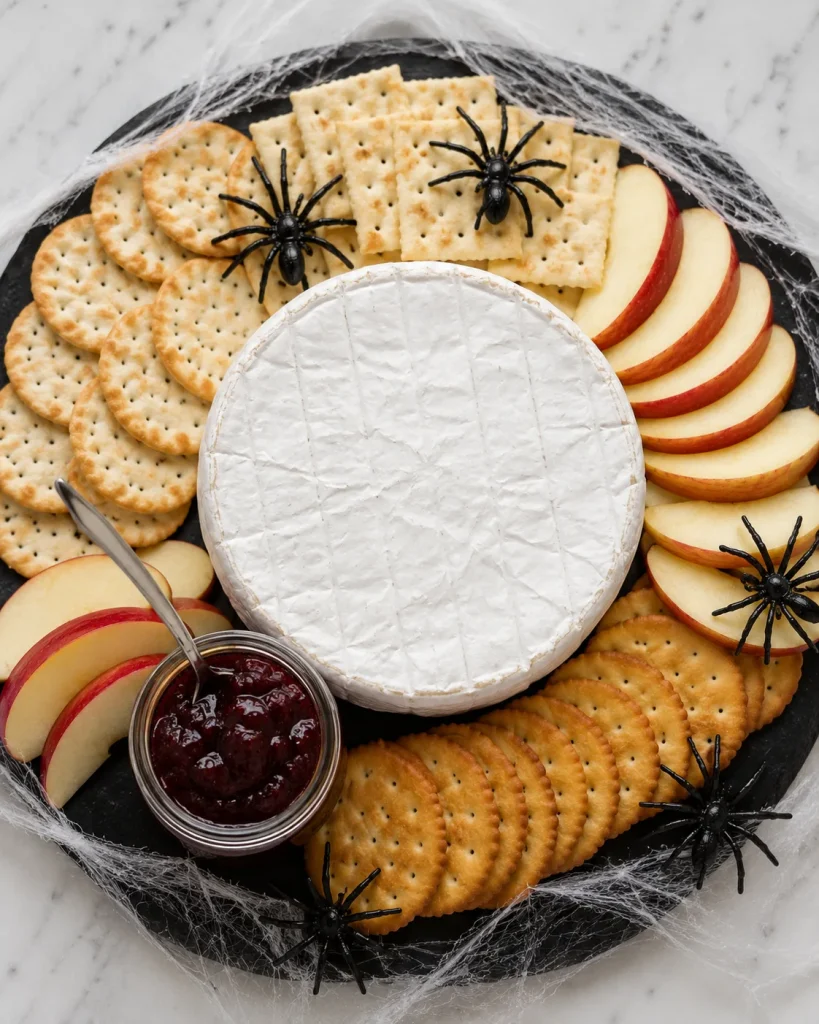 Large wheel of cheese surrounded by apple slices and crackers on a budget Halloween board