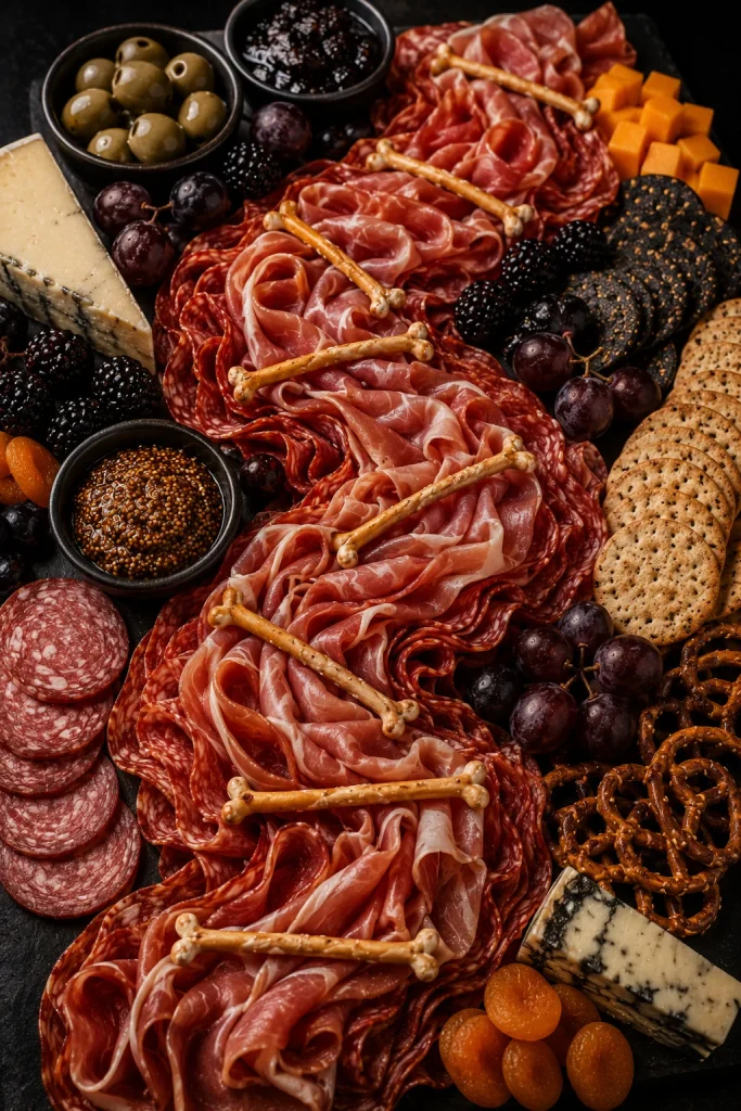 Folded deli meats arranged in a winding pattern with pretzel rods on a Halloween charcuterie board