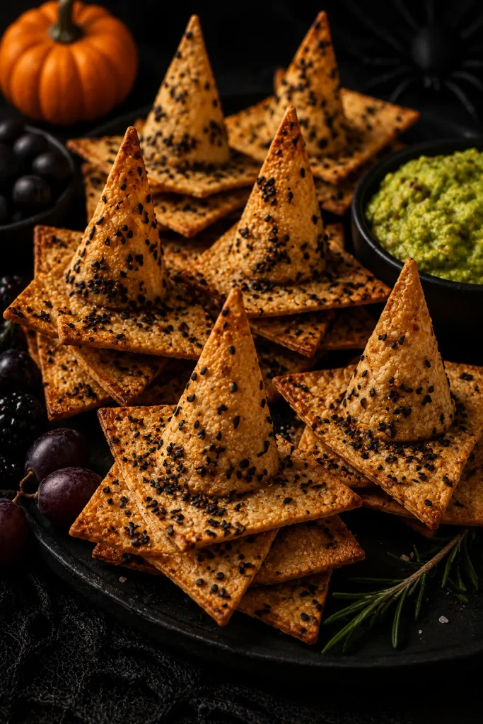 Baked tortilla chips stacked into witch hat shapes with black sesame seeds