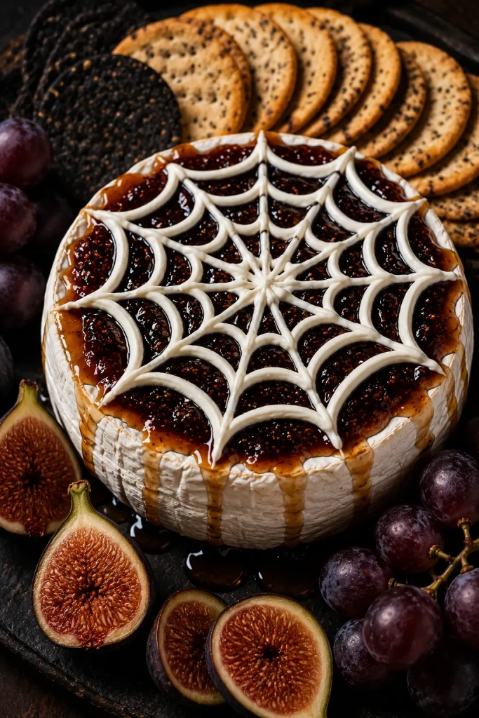Cheese wheel topped with a piped spiderweb design over fig jam for Halloween