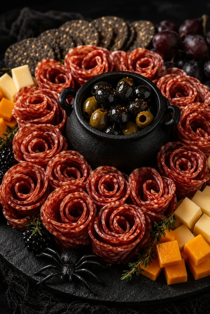 Salami roses clustered around a mini cauldron of olives on a Halloween charcuterie board