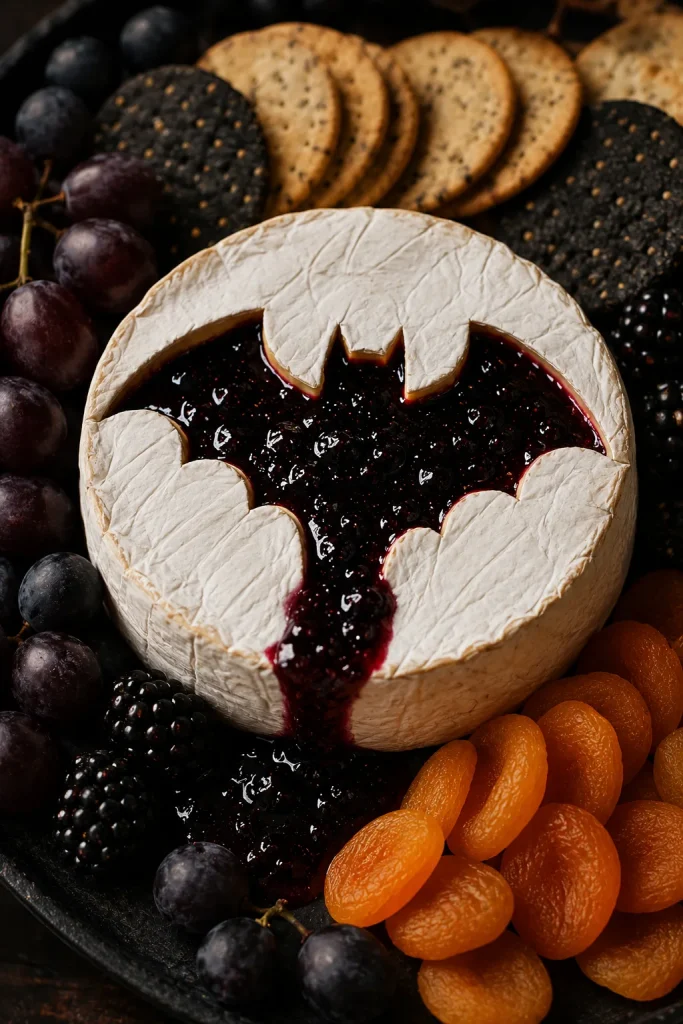 Brie wheel carved into a bat shape with blackberry jam on a Halloween charcuterie board